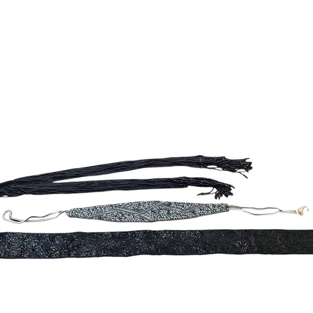 3 Elegant Black and Silver Women's Belts, Beaded & Sequined.